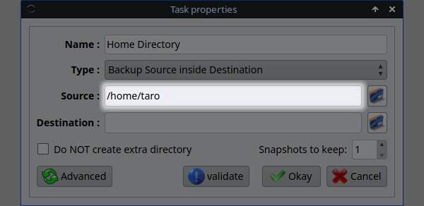 8. バックアップ元のディレクトリが設定される 8. バックアップ元のディレクトリが設定される