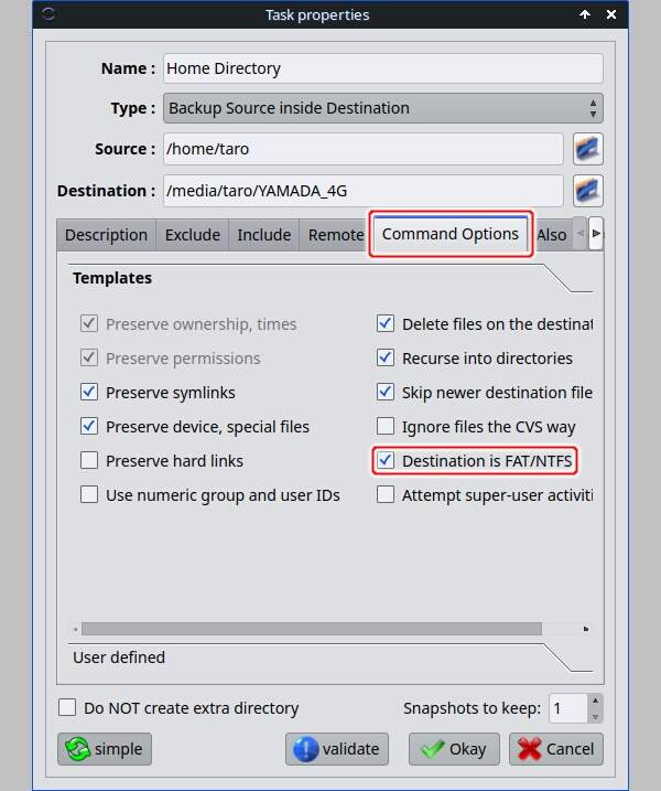 13. Command OptionsタグのDestination is FAT/NTFSにチェックを入れる 13. Command OptionsタグのDestination is FAT/NTFSにチェックを入れる