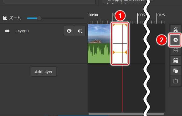 25. 映像クリップの不要部分を選択して[クリップを削除]ボタンを押す