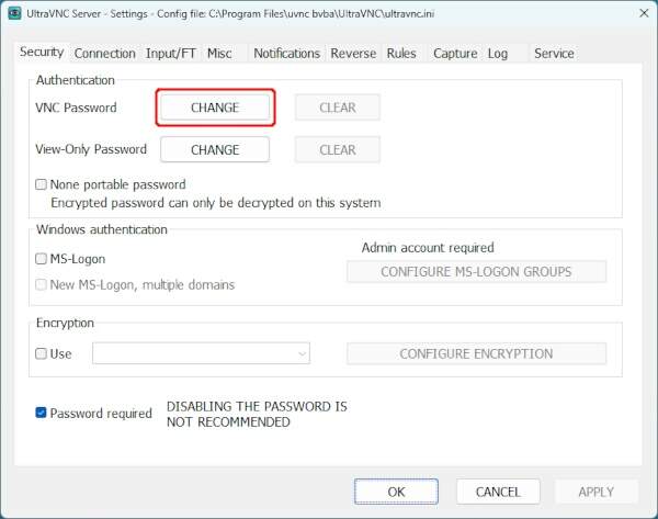 2. UltraVNC Server - Settings - 画面が開く